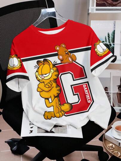 GARFIELD | SHEIN Camiseta de manga corta de verano con cuello redondo, estampado de letras y gatos en bloques de color para mujer