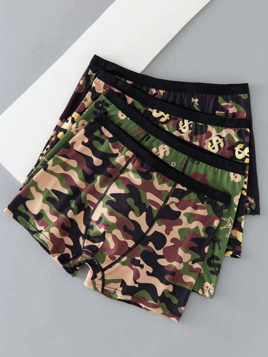 4-Piece Set, Minimalist Military Green Camouflage Print All-Over Print Soft And Breathable Pure Cotton Boxer Briefs For Teenage Boys. With Black Contrasting Waistband. - Multicolor - View 1