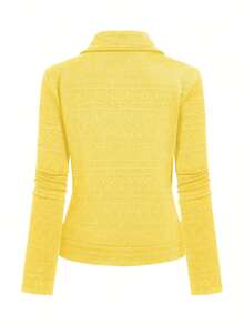 GlowEve Textured Fabric Zip-Up Casual Motorcycle Jacket With Lapel Collar - Yellow - View 2