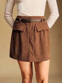 Écloséra Jupe en velours côtelé marron automne pour femmes avec poches et ceinture - Acajou - Voir 3