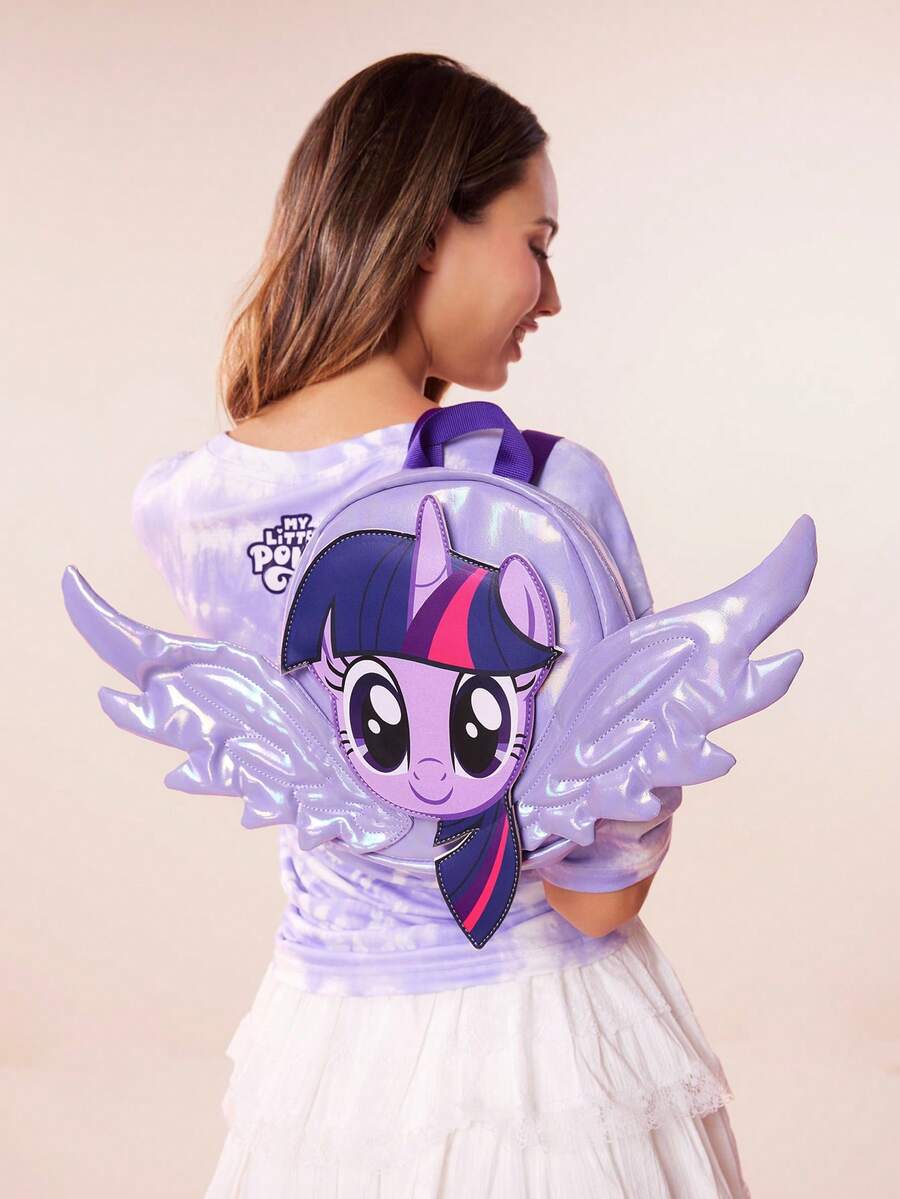 My Little Pony X SHEIN 1个卡通图案印花立体翅膀迷你背包,肩带长度可调节,休闲包,旅行包,适合女孩、男孩、青少年、女性,暮光闪闪 - 淡紫色 - 查看 1