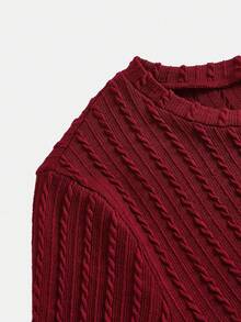 Teen Girl's Jacquard Knit Red Round Neck Long Sleeve Slim Fit Casual Dress, Christmas Dress, Red Christmas, Red Party Outfit, Elegant Red Dress - Burgundy - View 5