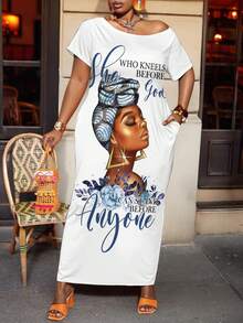 Maweii 大码女式标语、植物与花卉图案圆领短袖口袋休闲连衣裙 - 彩色 - 查看 1