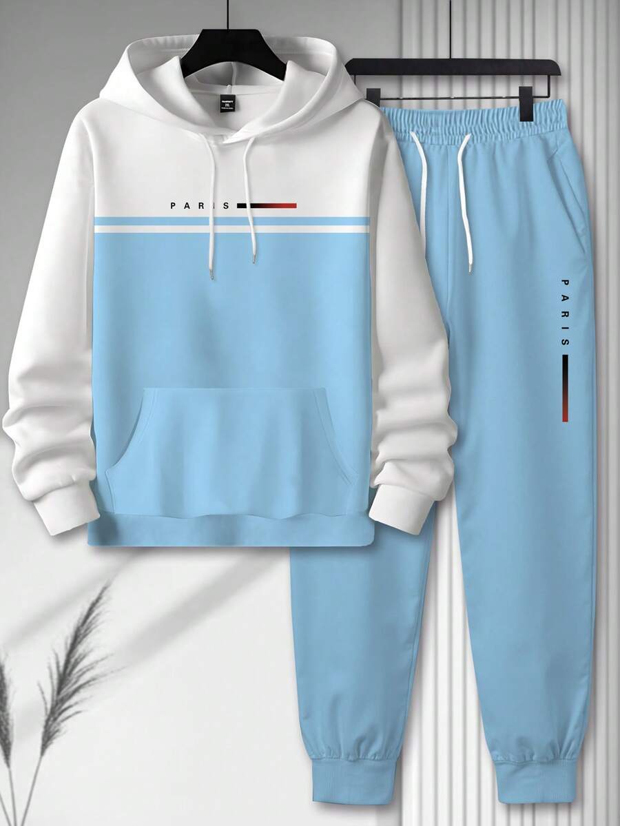 Manfinity Homme 2 件套加大码男士休闲连帽衫套装,巴黎字母印花,蓝白拼接抽绳连帽衫和裤子,适合秋季,男装 - 彩色 - 查看 1