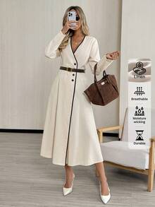 Easowa 女士优雅长袖撞色滚边深V领连衣裙 - 杏色 - 查看 4