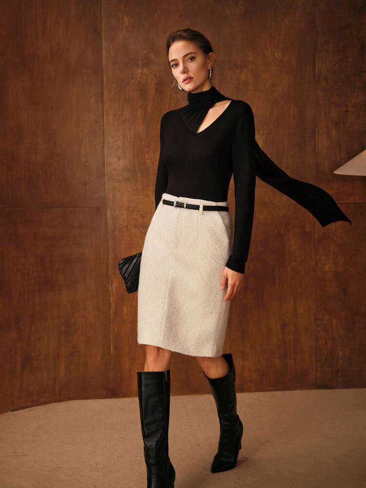 CAMISETA DE CAPA BASE CON DISEÑO ESTRUCTURADO DE MEZCLA DE LANA PARA MUJER, OTOÑO/INVIERNO