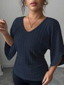 Selianne 女式舒适休闲V领荷叶边蝙蝠袖纯色拉绒罗纹T恤 - 藏蓝色 - 查看 5