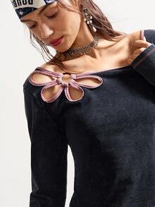 Bohemela Boho Autumn/Winter Outerwear, Vintage Casual Women's Floral Hollow Design Washed Black And Pink Long Sleeve Cropped Top, Western Country Style Concert Party, Suitable For Beach Vacation & Daily Wear & Back To School & Going Out & Party, Christmas, New Year,Black Top - Black - View 4