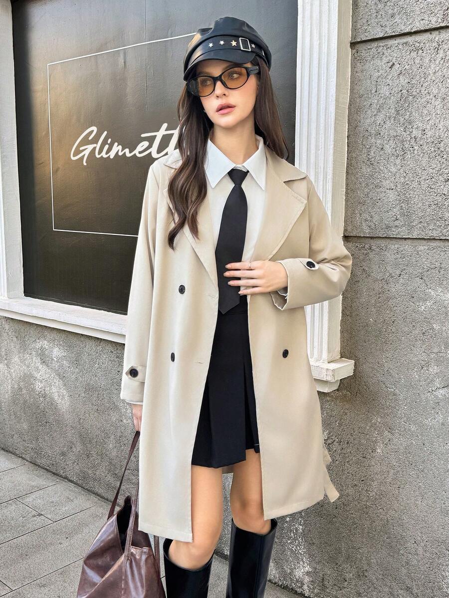 SHEIN 优雅通勤休闲卡其色翻领中长款少女风衣