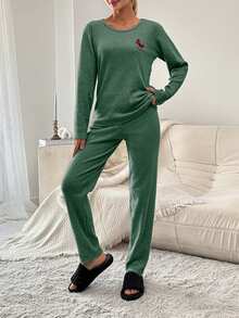SHEIN Cottnline Butterfly & Letter Embroidery Rib Knit Homewear Set - Green - View 3