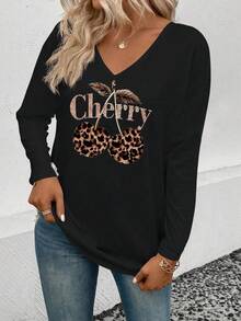 EMERY ROSE 新款女式樱桃豹纹休闲舒适V领T恤 - 黑色 - 查看 6