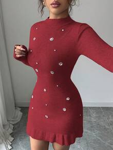 SHEIN Elenzya 秋冬新款针织镶钻立领长袖修身优雅荷叶边下摆女式毛衣连衣裙 - 酒紅色 - 查看 6
