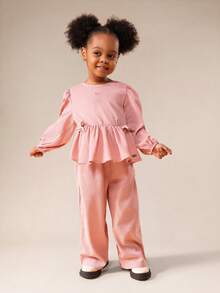 SUMWON Girls Crinkle Peplum Top And Wide Leg Pants Matching Outfit Set For Spring Summer Vacation - Pink - View 8