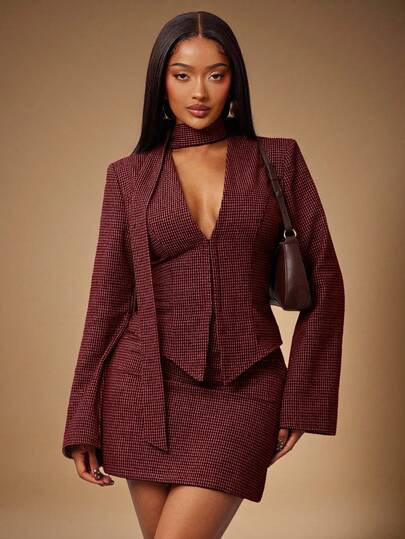 Radiana 3pcs Retro Chic Commuter Brown Houndstooth Wool Suit Set: Fitted Blazer + Low-Waist Skirt + Scarf (Includes Shoulder Pads) Tweed Two Piece Set Blazer Set For Women 2 Piece Sets Woman Classy Burgundy Outfit Women Blazer Skirt Set