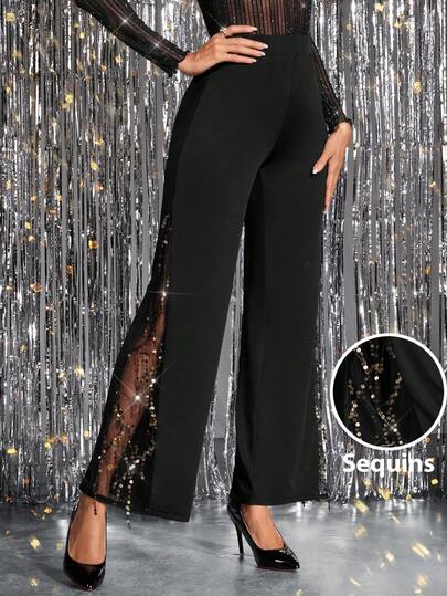 SHEIN Clasi Women's Black Sequin Patchwork Knit Elastic Waist Palazzo Pants, Elegant For Daily Wear, Party, Slimming, Autumn/Winter,Black Pant