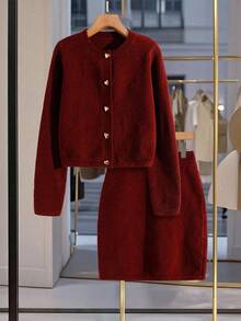 Modelyn 女士纯色优雅心形纽扣单排扣针织开衫和针织迷你裙套装