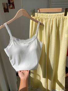 Comfortcana Women's Casual Yellow Lace Trim Camisole And Striped Pants 2-Piece Set, Back To School Season Butter Yellow Two Piece Set - Yellow - View 7