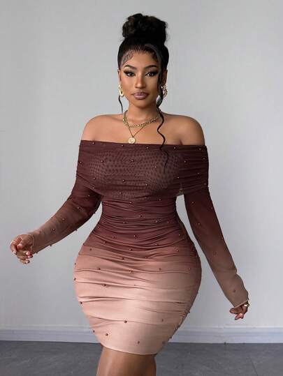 Maweii Plus Size Women's Sexy Off Shoulder Ombre Beaded Sheer Party Elegant Cocktail Birthday Dress, Autumn/Winter
