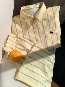 Comfortcana 两件套休闲通勤条纹衬衫和裤子 - 黃色 - 查看 7