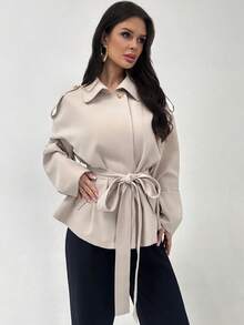 Firerie 女士休闲优雅杏色修身风衣/亚麻质感外套，秋冬外套，适合通勤和外出穿着/秋冬女装/通勤装/教师装/返校季/复古风/商务休闲女装/女性办公室着装/老钱风/知性优雅/秋冬优雅穿搭/职业装/杏色灰外套/舒适秋冬外套 - 卡其色 - 查看 5