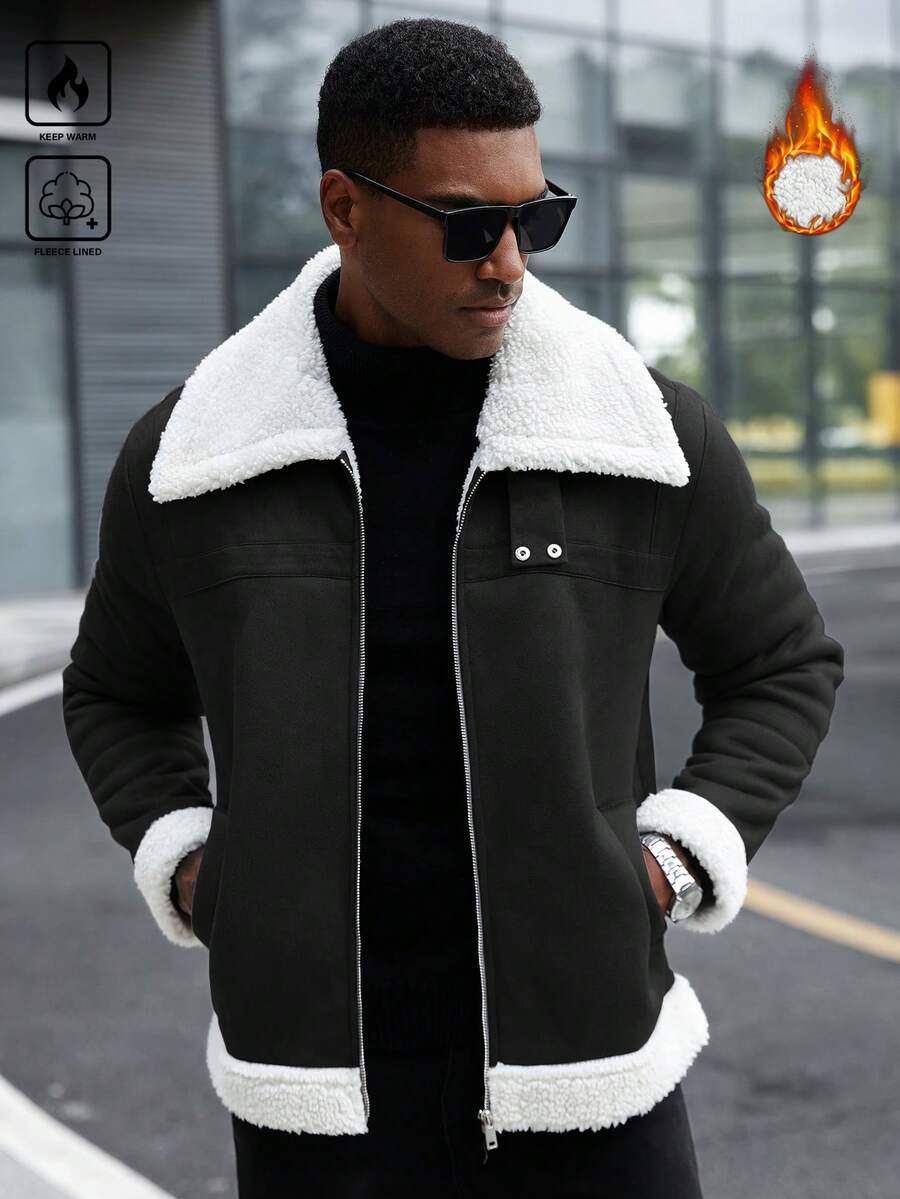 Manfinity CasualCool Men's Contrast Color Zip-Up Casual Jacket With Thermal Lining, Autumn/Winter - Black - View 1