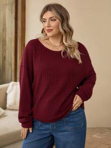 EMERY ROSE 大码女式纯色圆领落肩长袖休闲罗纹T恤 - 酒紅色 - 查看 5