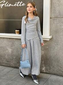 MODELY 儿童女童两件套：法式羊绒不对称垂褶高领修身长袖T恤+高腰长裙，休闲套装，优雅英伦风，适合春秋季日常休闲、派对、度假等场合。 - 淺灰色 - 查看 4