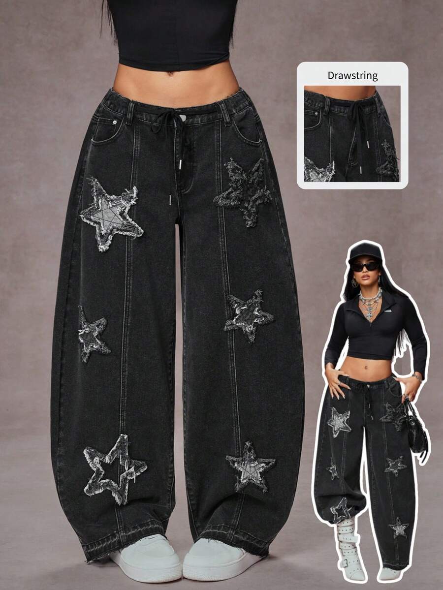 Jeanoix Y2K 时尚休闲街头风星星刺绣毛边破洞牛仔裤 - 黑色 - 查看 1