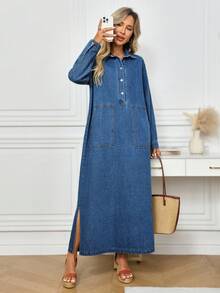 EMERY ROSE 女士宽松休闲长款牛仔连衣裙 - 深色水洗藍 - 查看 8