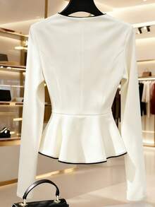 Franclia Áo sơ mi nữ thanh lịch và thời trang, màu trắng viền đen, thắt eo, áo sơ mi dài tay phối màu đen trắng, thích hợp mặc hàng ngày, hẹn hò và đi làm - trắng - Xem 2