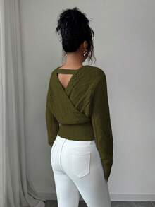SHEIN Elenzya 女士V领长袖收腰露背时尚毛衣，秋冬款 - 軍綠色 - 查看 2