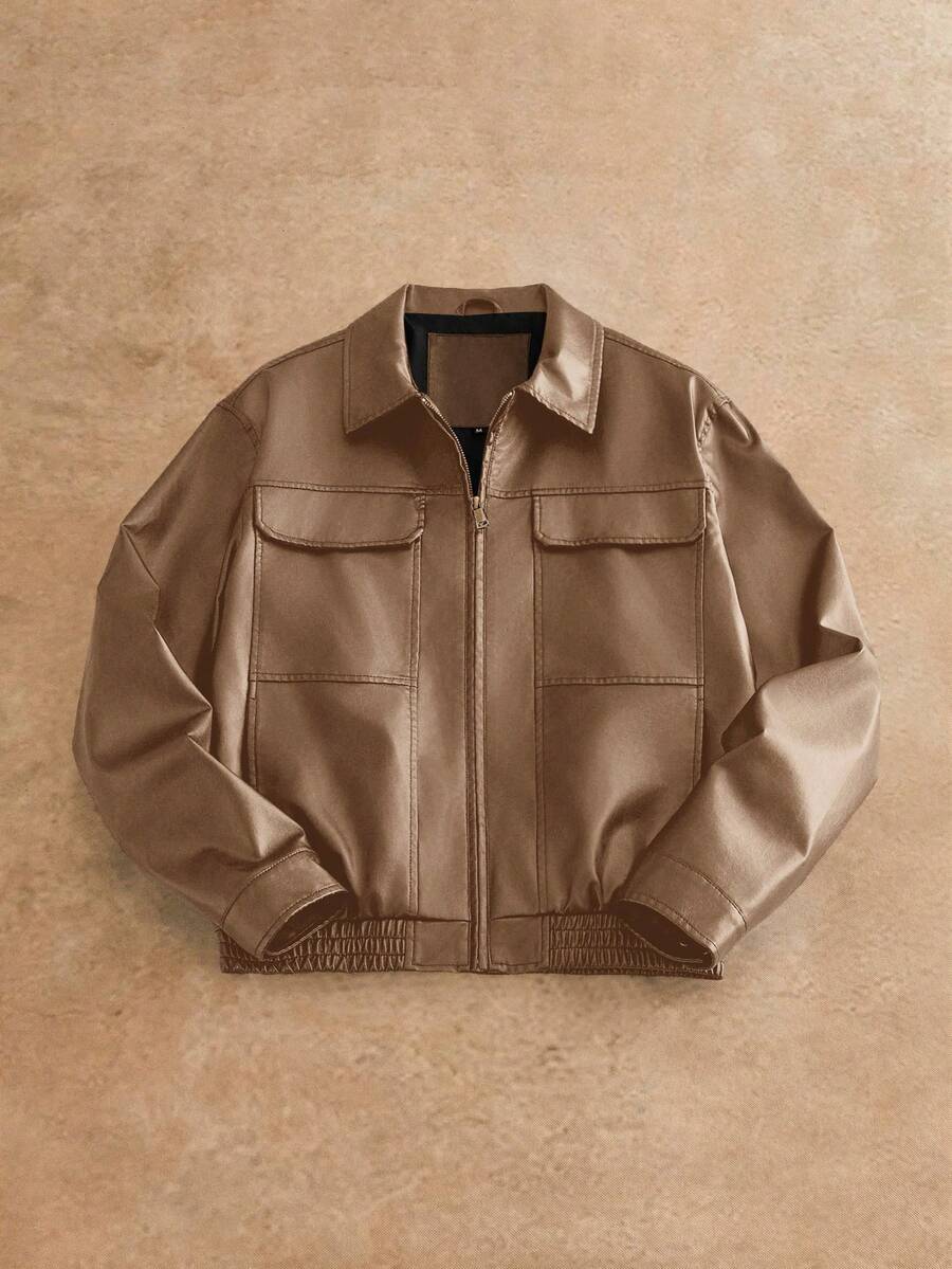 Manfinity VCAY 男士短款皮质长袖夹克 - 棕色 - 查看 1