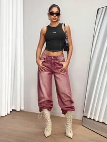 SHEIN Tall Women's Casual Washed Vintage Wide Leg Jeans - Burgundy - View 5