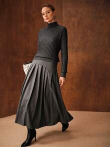 MOTF PREMIUM WOMEN'S WOOL BLEND PLEATED LONG SKIRT, AUTUMN/WINTER - Grey - View 3