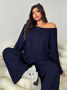 Solflare Conjunto de 2 piezas de top de manga larga azul marino y pantalones holgados de talla grande - Azul Marino - Ver 1