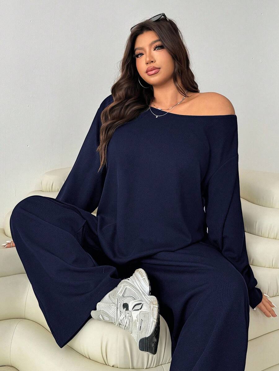 Solflare Conjunto de 2 piezas de top de manga larga azul marino y pantalones holgados de talla grande - Azul Marino - Ver 1