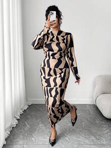 Elenzga 大码女士优雅修身几何印花连衣裙 - 卡其色 - 查看 1