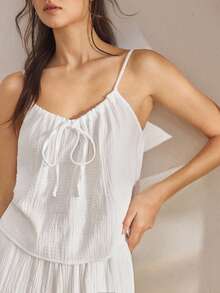 Ocili 女士舒适棉质柔软网眼双层吊带短裤睡衣套装 - 白色 - 查看 8