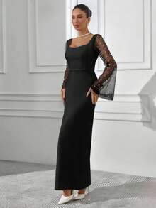 Rafferiza 女士仿珍珠喇叭袖修身优雅连衣裙，性感狂野派对礼服，欢迎秋季女士服装，秋季女装，秋季穿搭，秋季女装，秋季女士外出装，派对女士时尚连衣裙，奢华女士长袖婚礼宾客礼服 - 黑色 - 查看 4