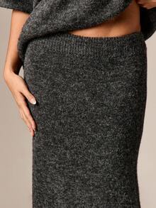 AiiRZ Heathered Knit Maxi Skirt Long Bodycon Ribbed Texture Fall Winter Loungewear - Dark Grey - View 4