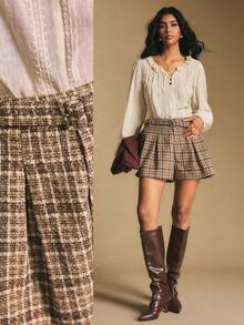 Poéselle Women's Fashion Plaid Pleated Belted Shorts Plaid Skirt Tweed Skirt Belted Skirt - Khaki - View 8