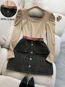Franclia 百搭通勤休闲方领褶皱长袖弹力针织收腰修身粗花呢格子 A 字裙短裙女两件套，秋冬 - 卡其色 - 查看 1