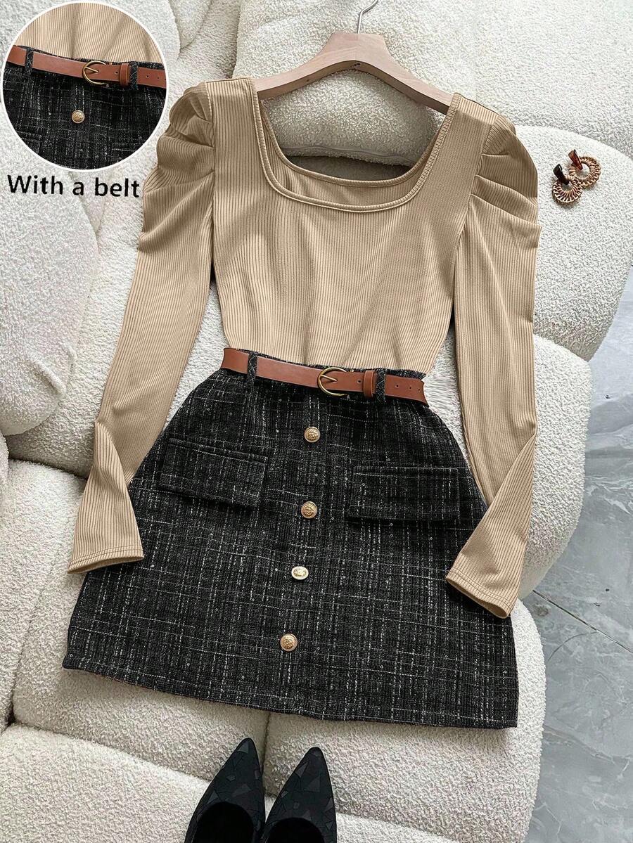 Franclia 百搭通勤休闲方领褶皱长袖弹力针织收腰修身粗花呢格子 A 字裙短裙女两件套，秋冬 - 卡其色 - 查看 1
