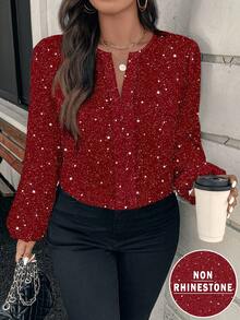 EMERY ROSE Blouse élégante brillante à manches lanternes et encolure échancrée pour femmes grandes tailles, top pailleté, blouses élégantes pour femmes, pour le Nouvel An, pour les femmes en hiver - Rouge foncé - Voir 1