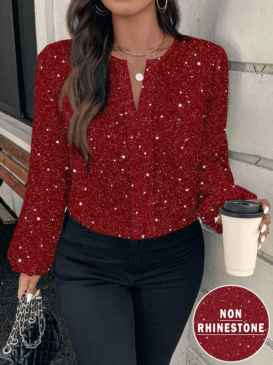 EMERY ROSE Blouse élégante brillante à manches lanternes et encolure échancrée pour femmes grandes tailles, top pailleté, blouses élégantes pour femmes, pour le Nouvel An, pour les femmes en hiver - Rouge foncé - Voir 1