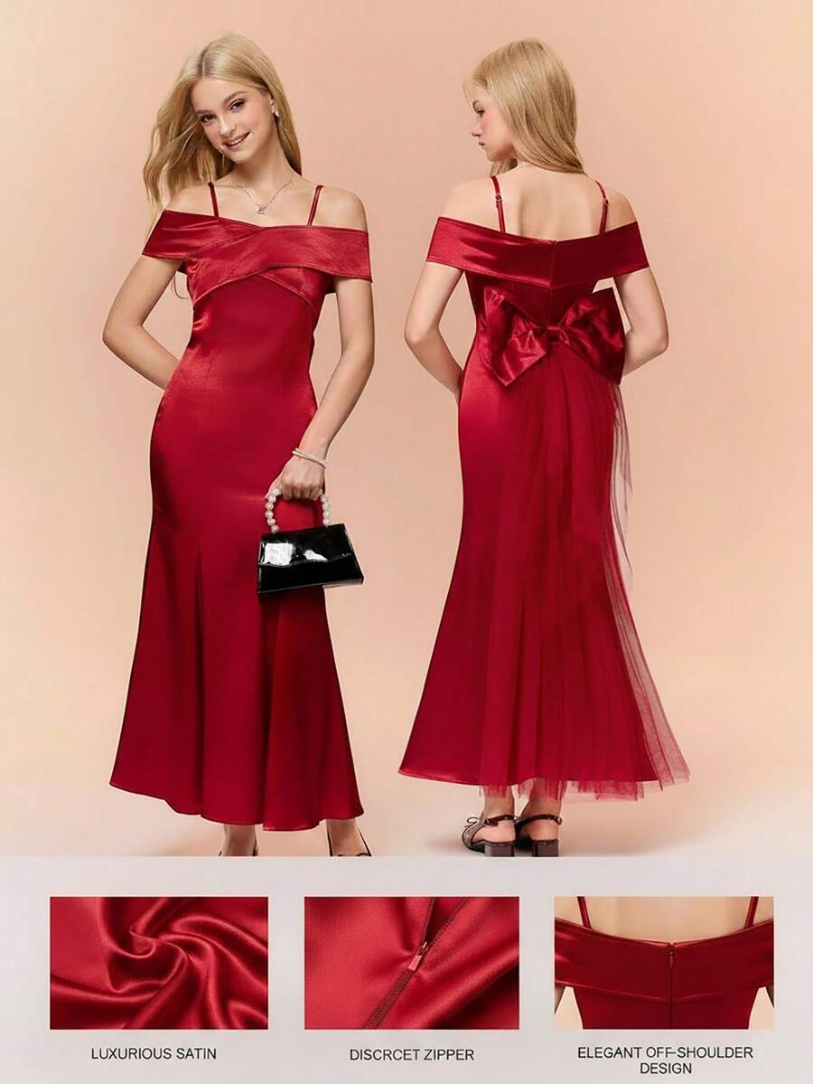 فستان سهرة أنيق بتصميم ذيل الحورية بالكتف المنحدر باللون البرغندي، فستان رسمي للمراهقات