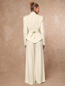 Lumalex 立领镂空腰部金属纽扣收腰直筒短裤，女士长袖套装 - 米色 - 查看 2