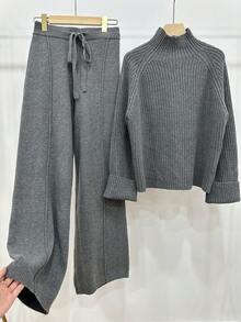 Chiquease 杏色女士针织毛衣两件套，罗纹奶油色套头衫和裤子，休闲简约风。