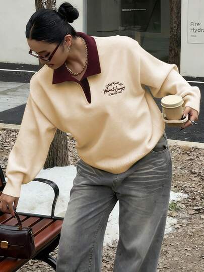 Dazy Plus Suéter holgado de cuello redondo con bloqueo de color y bordado de letras para mujer de talla grande, otoño/invierno