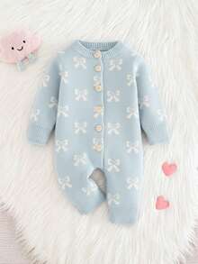 SHEIN Newborn Baby Girl Cute Heart Pattern Pink Long Sleeve Knitted Romper, Autumn/Winter  Fashion